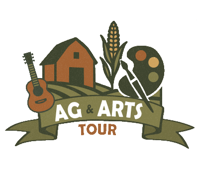 Ag & Arts of Cheatham County Logo showing a red farmhouse, banjo, a stalk of corn, and an artists palette overtop text.