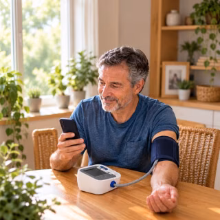 Person measuring blood pressure with a digital monitor on their wrist while holding a smartphone.