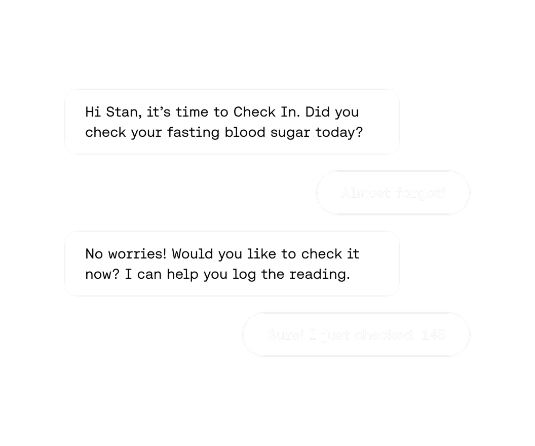 Chat conversation reminding Stan to check fasting blood sugar, with responses about checking and logging a reading of 145.