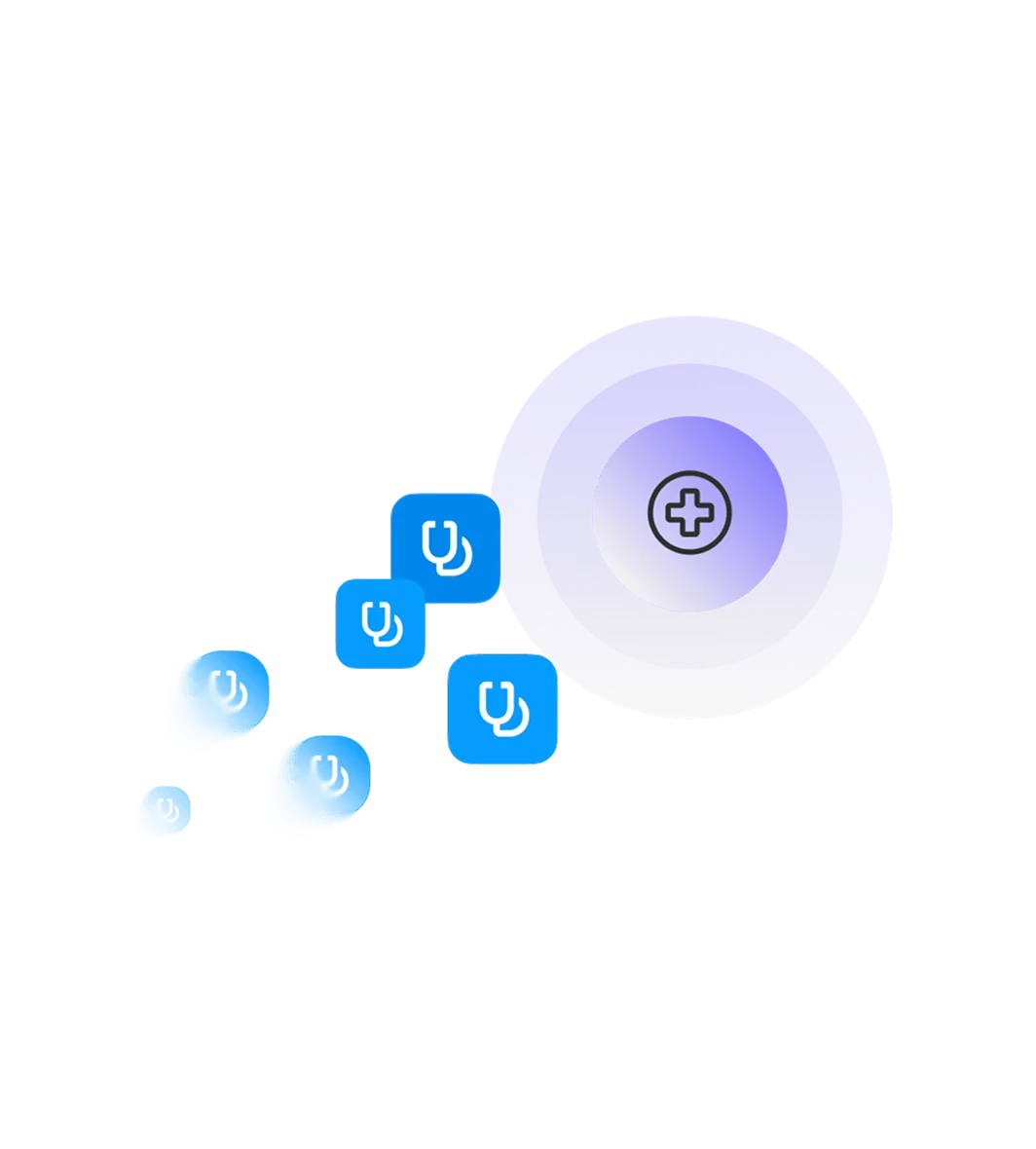 Abstract blue shapes with white stethoscope icons lead to a larger purple circle with a medical cross.