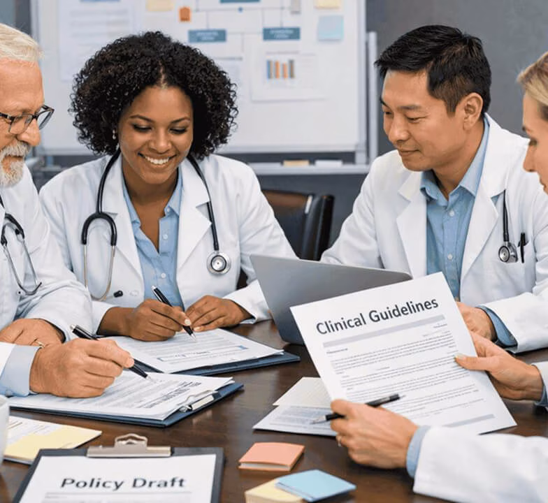 Group of four medical professionals in white coats sitting at a table reviewing documents titled Clinical Guidelines and Policy Draft, engaged in discussion.