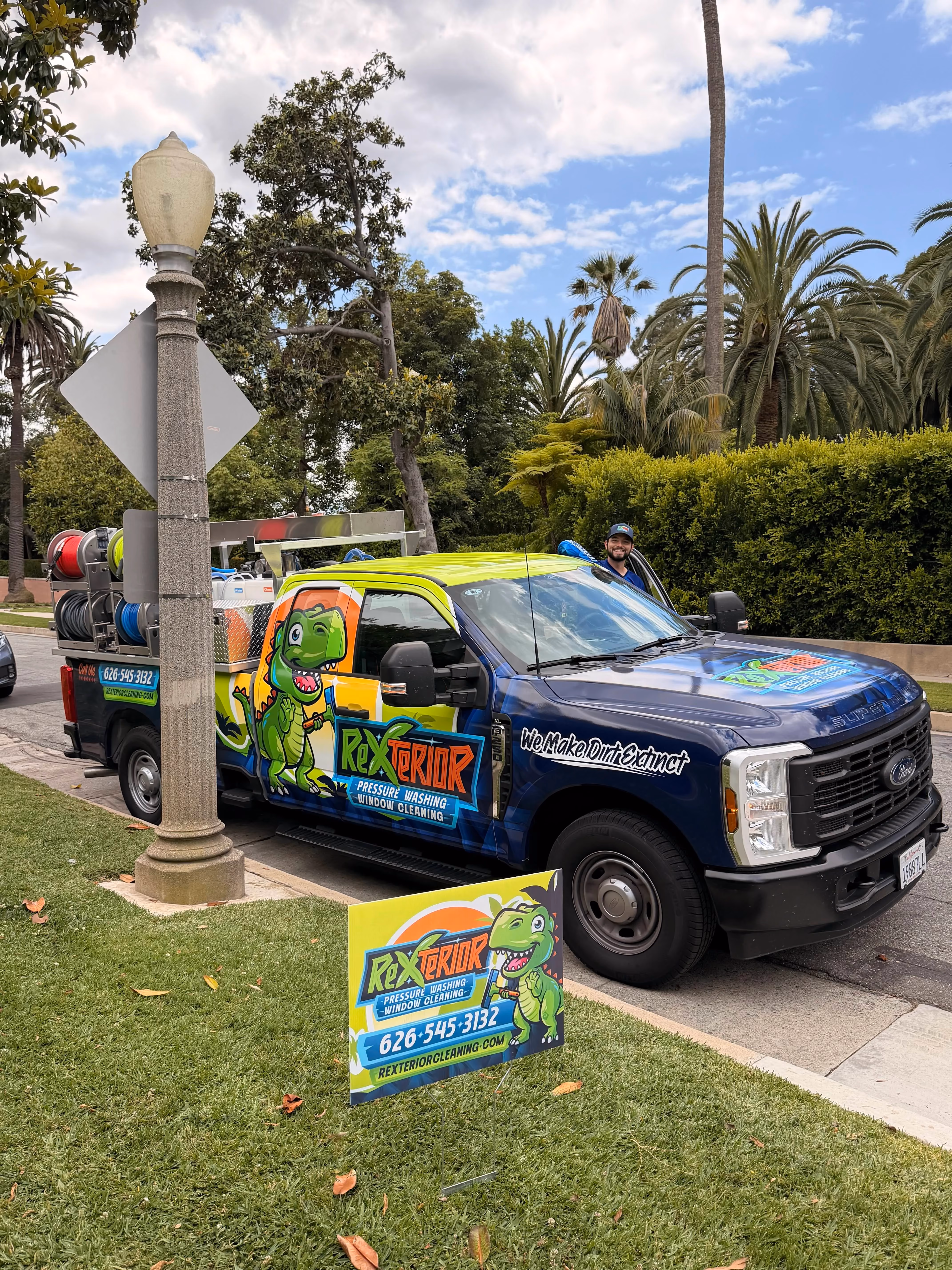 Rexterior branded exterior cleaning truck in Pasadena