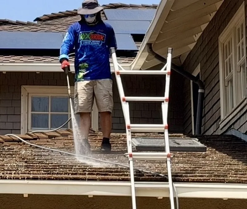 Rexterior technician cleaning a residential tile roof