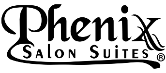 Phenix Salon Suites logo in elegant black script on a transparent background.