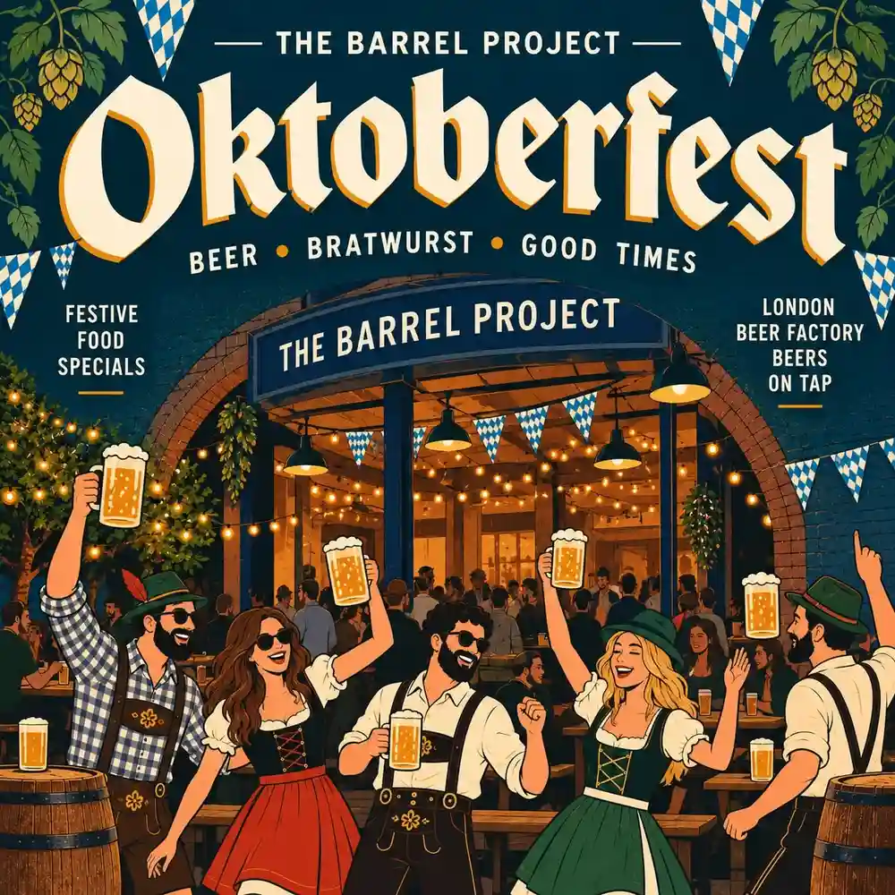 Oktoberfest is taking over The Barrel Project 🍻!!
From 23rd September to 4th October, we’ll be bringing the Oktoberfest spirit to the Bermondsey Beer Mile with themed beers, decorations and plenty of good drinking.
Then on Saturday 26th September & Saturday 3rd October, we’re going all out with our Oktoberfest food specials alongside the beers.
Round up the group, grab a stein and join us for a few weeks of German-inspired drinking at The Barrel Project!