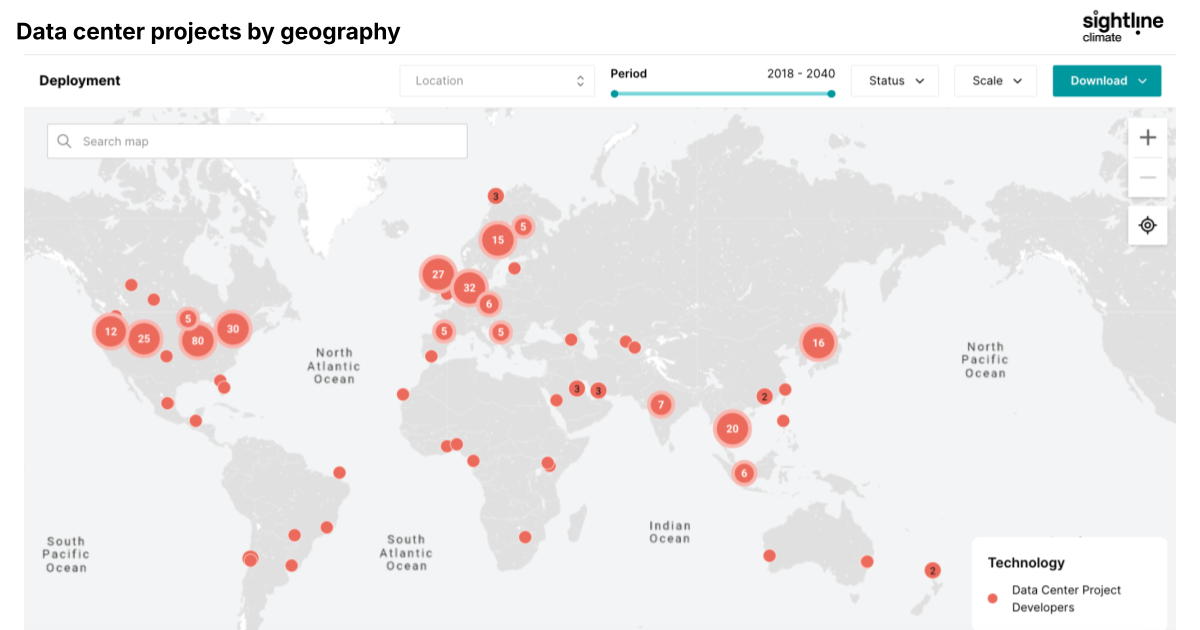 Map of data center projects by geography