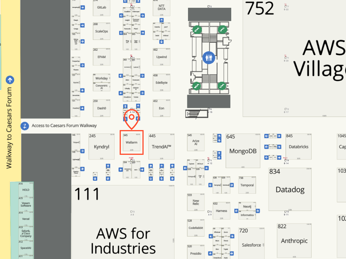 AWS re:Invent 2026 Expo Hall map with Wallarm booth #345 marked