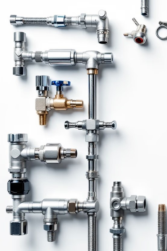 Close-up of HVAC service valves and fittings