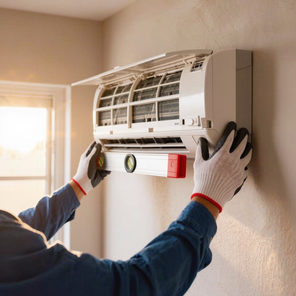 Technician installing a ductless mini-split unit