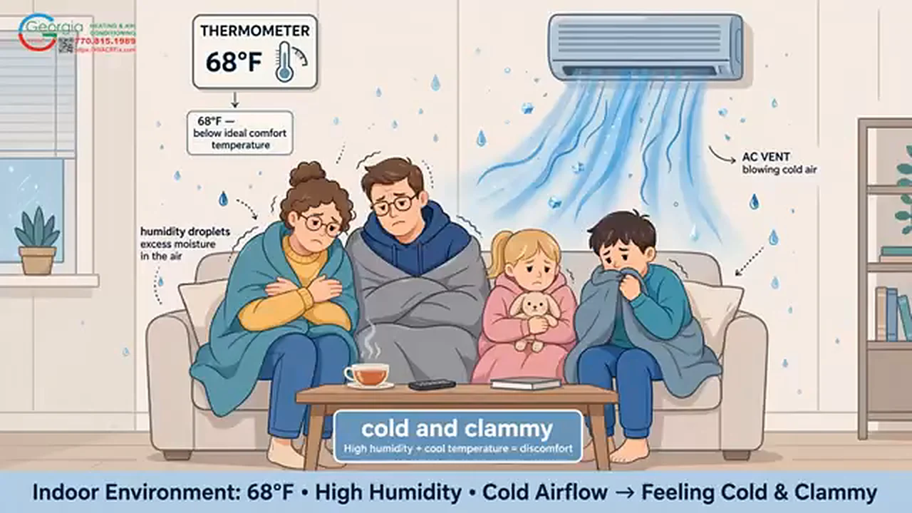 Family wrapped in blankets on a couch in a cold, humid room with the AC set to 68 degrees