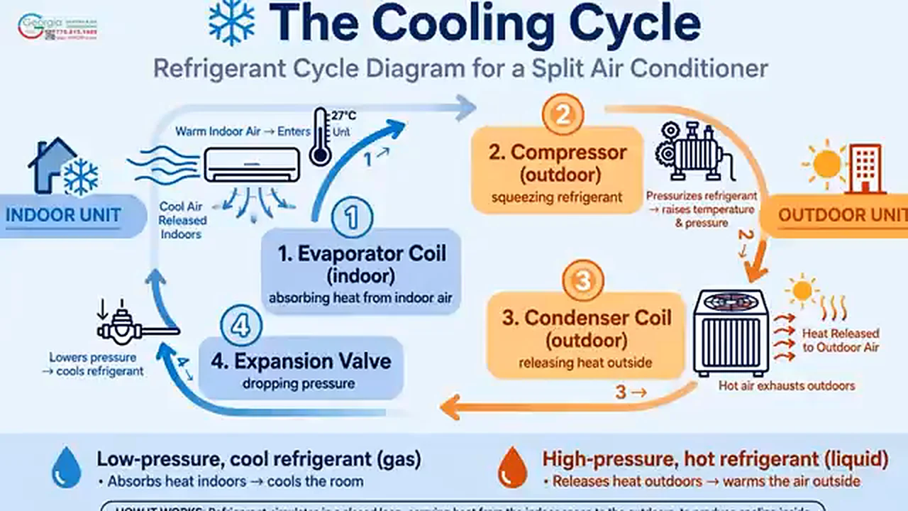 Refrigerant cooling cycle diagram for a split air conditioner