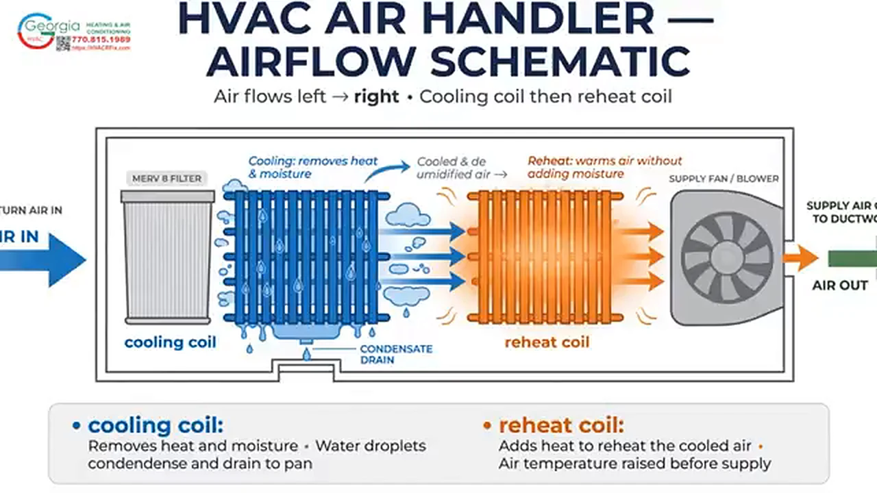 Air handler airflow schematic showing air moving through the filter, cooling coil, reheat coil and blower