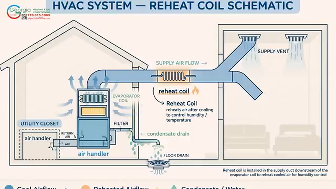 Home HVAC schematic showing the reheat coil installed after the evaporator coil in the supply duct