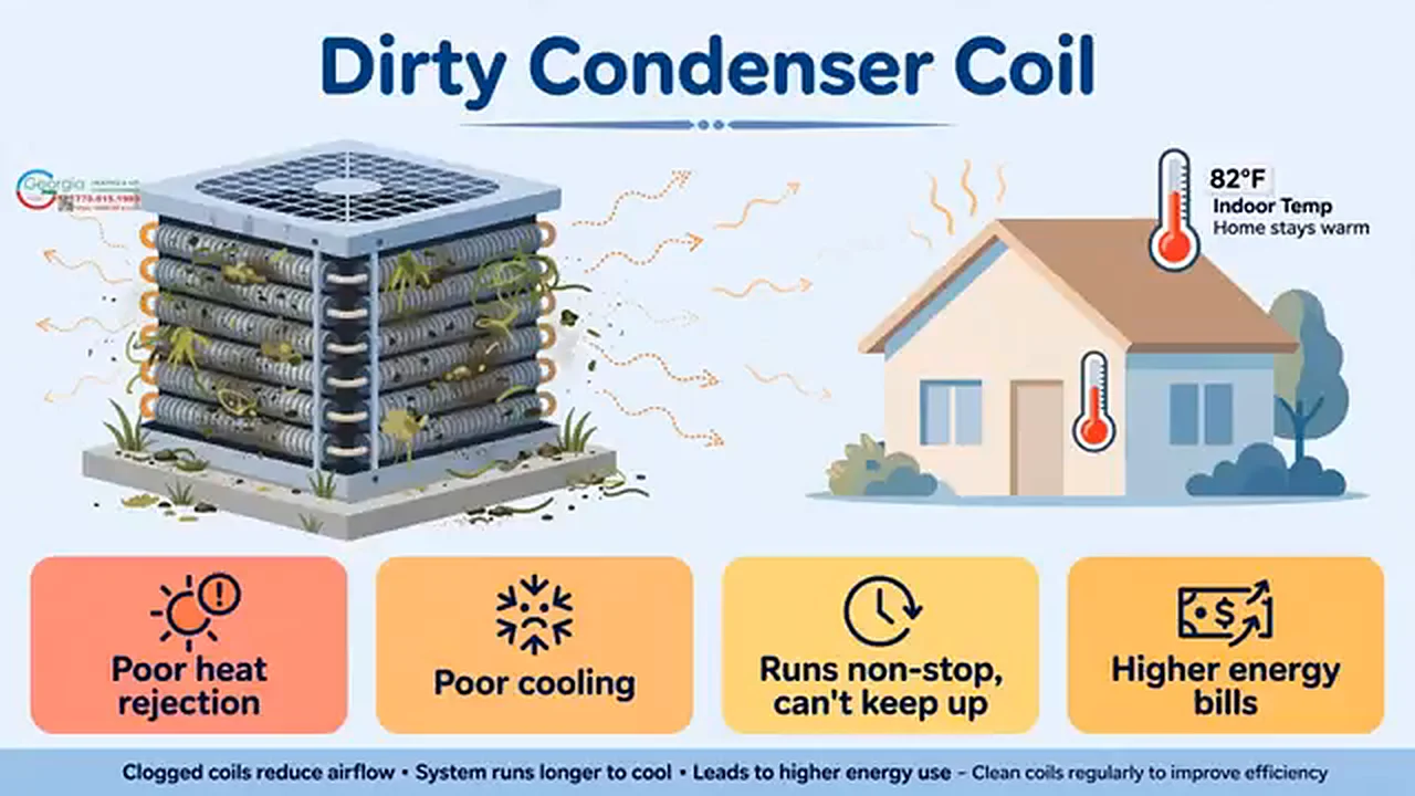 Dirty outdoor condenser coil causing poor heat rejection, poor cooling, constant running and higher bills