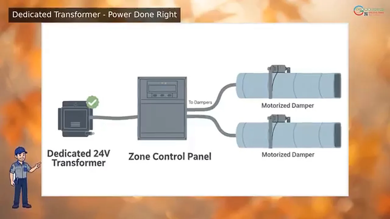 Dedicated 24 volt transformer powering the zone control panel and motorized dampers