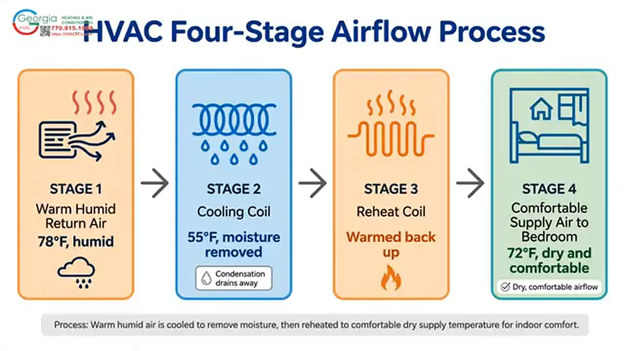 Four-stage airflow process from warm humid return air to dry comfortable supply air