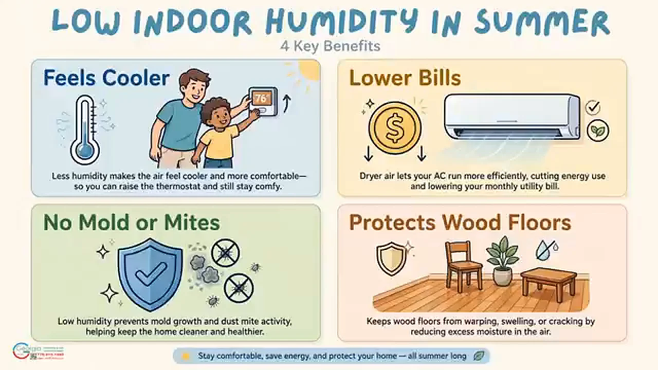 Four benefits of low indoor humidity: feels cooler, lower bills, no mold or mites, protects wood floors