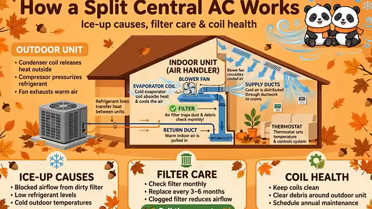 Diagram of a split central air conditioner showing the outdoor unit, indoor air handler, filter and ductwork