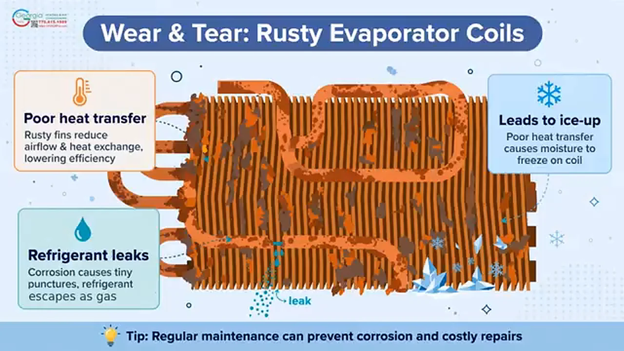 Rusty corroded evaporator coil with a refrigerant leak and ice forming