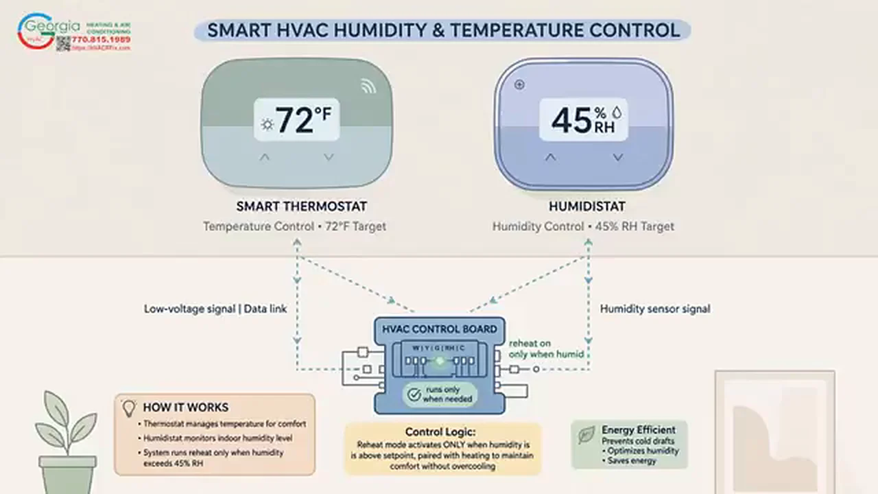 Smart thermostat and humidistat wired to an HVAC control board that runs reheat only when humid