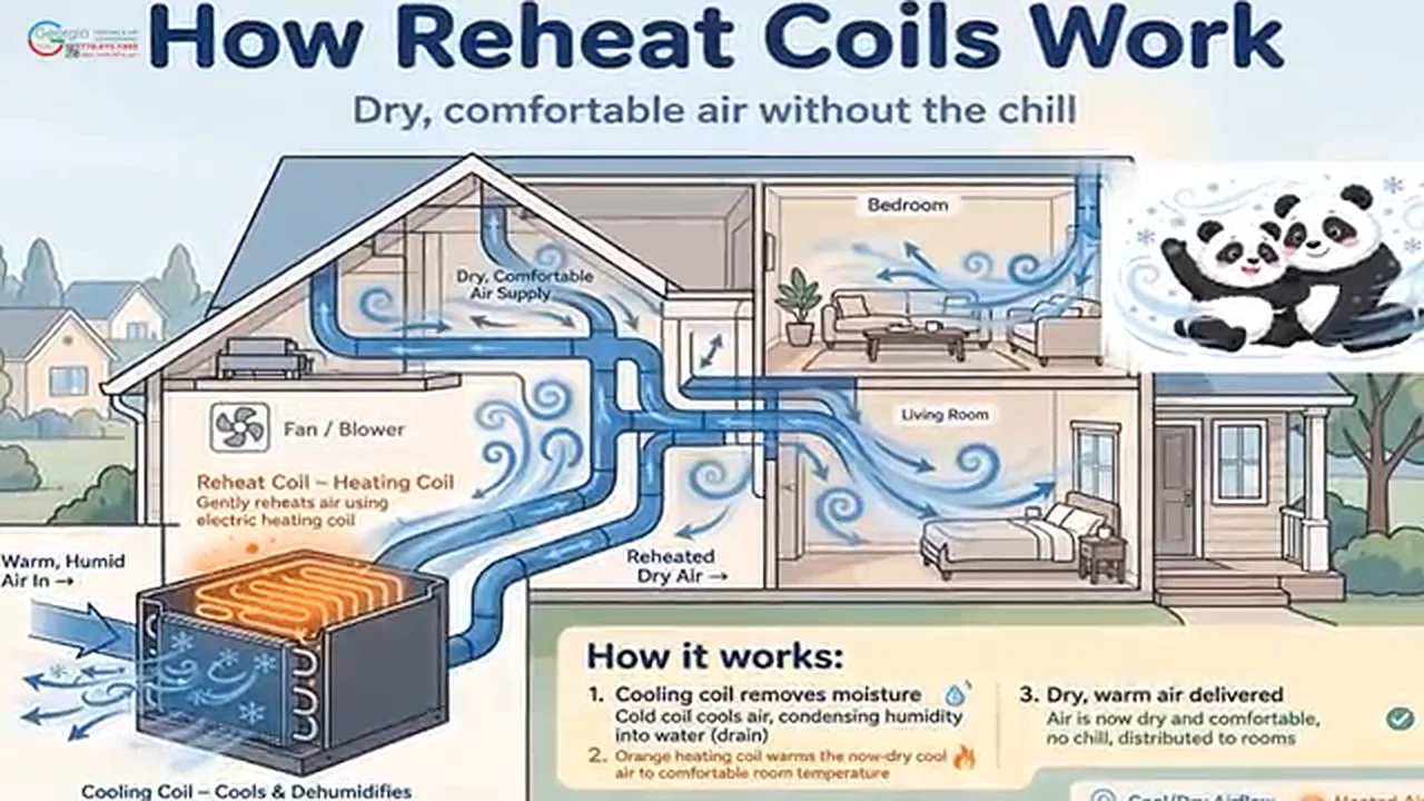 Diagram of a home showing how a reheat coil delivers dry, comfortable air to each room