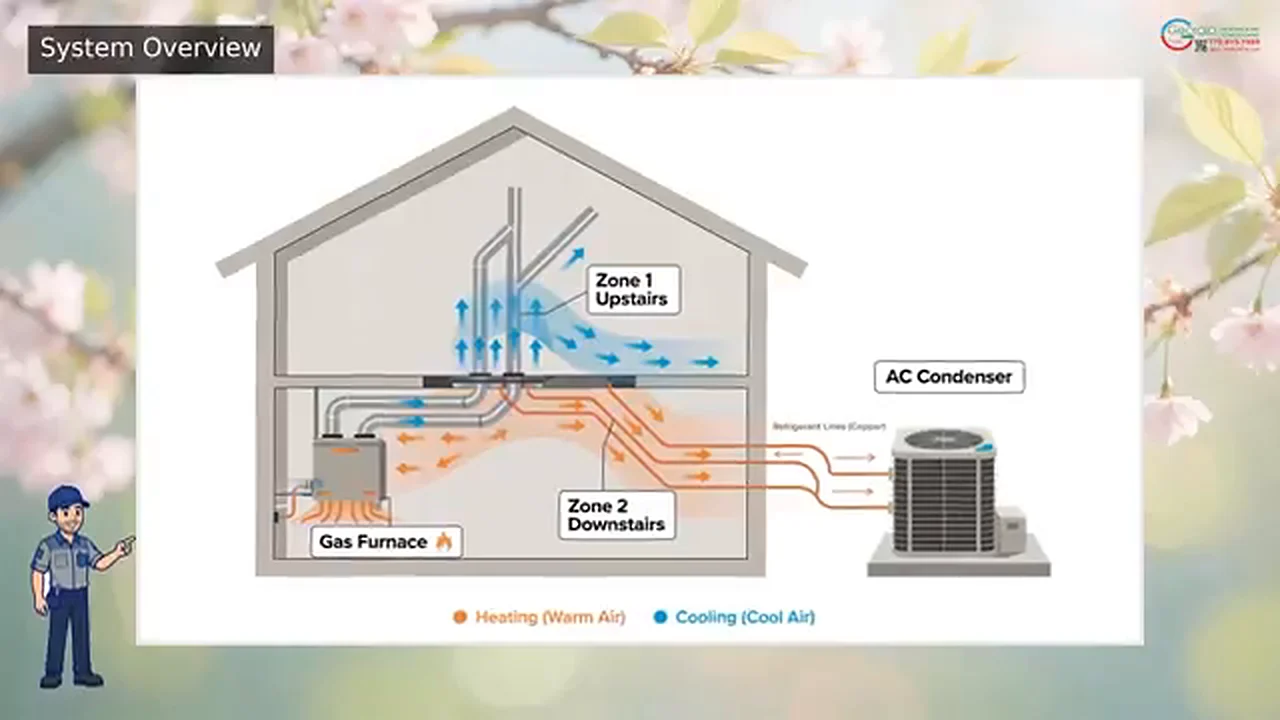 Cutaway of a two-story house with a gas furnace and AC condenser serving an upstairs zone and a downstairs zone