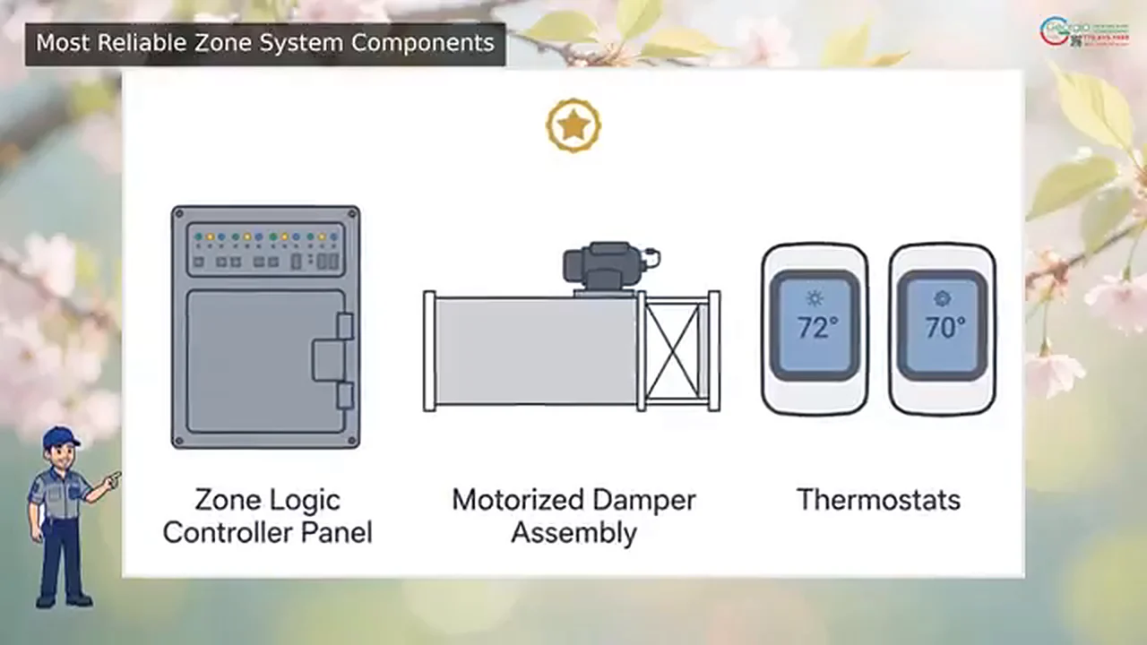 Zone logic controller panel, motorized damper assembly and two zone thermostats