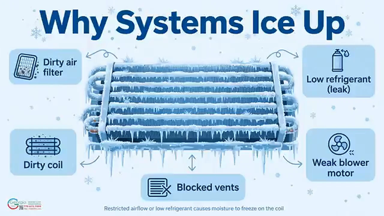 Frozen evaporator coil surrounded by the common causes: dirty filter, low refrigerant, dirty coil, weak blower and blocked vents