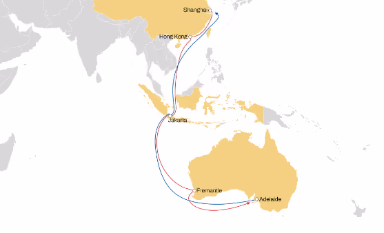 Map showing the route for the new MSC rotation making direct Port Adelaide calls.