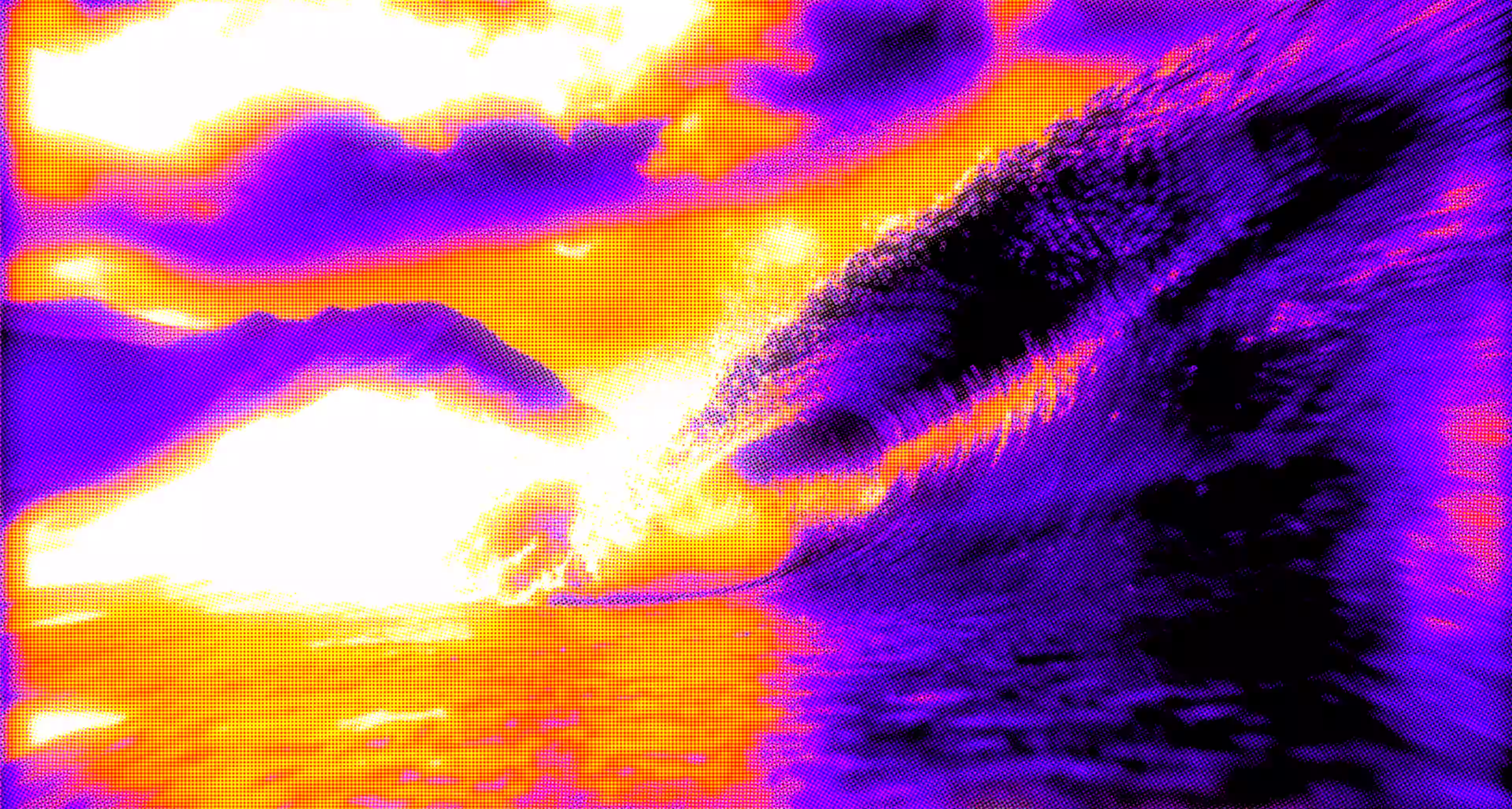 Pixelated digital art of an ocean wave in purple and orange hues at sunset with clouds above.