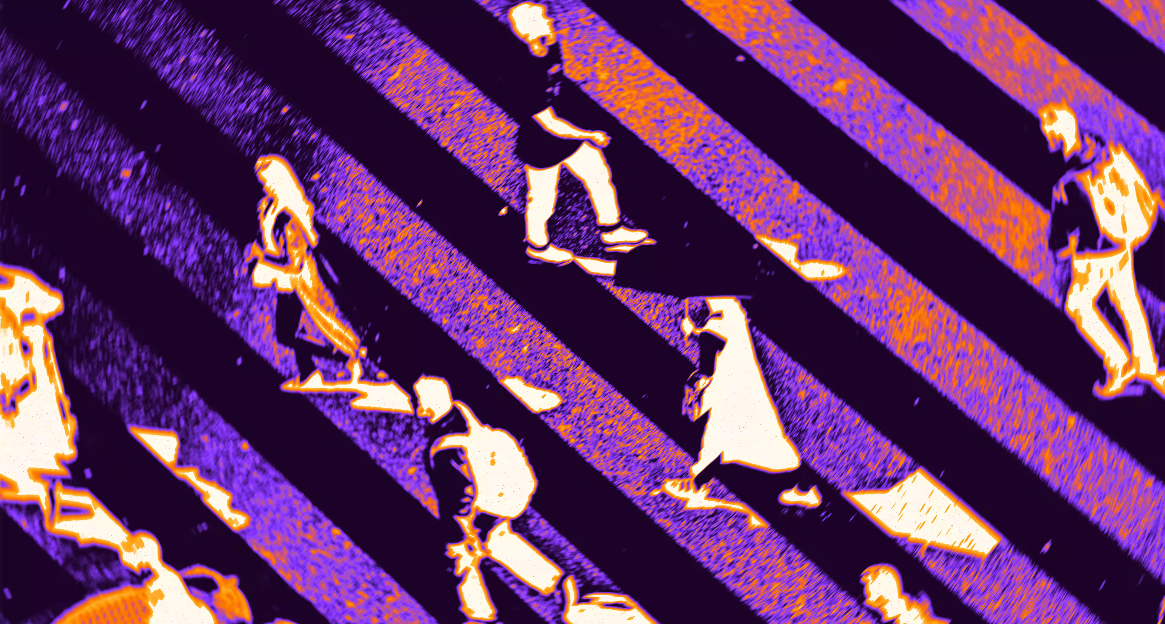 Stylized overhead view of people walking across a pedestrian crosswalk with diagonal stripes.