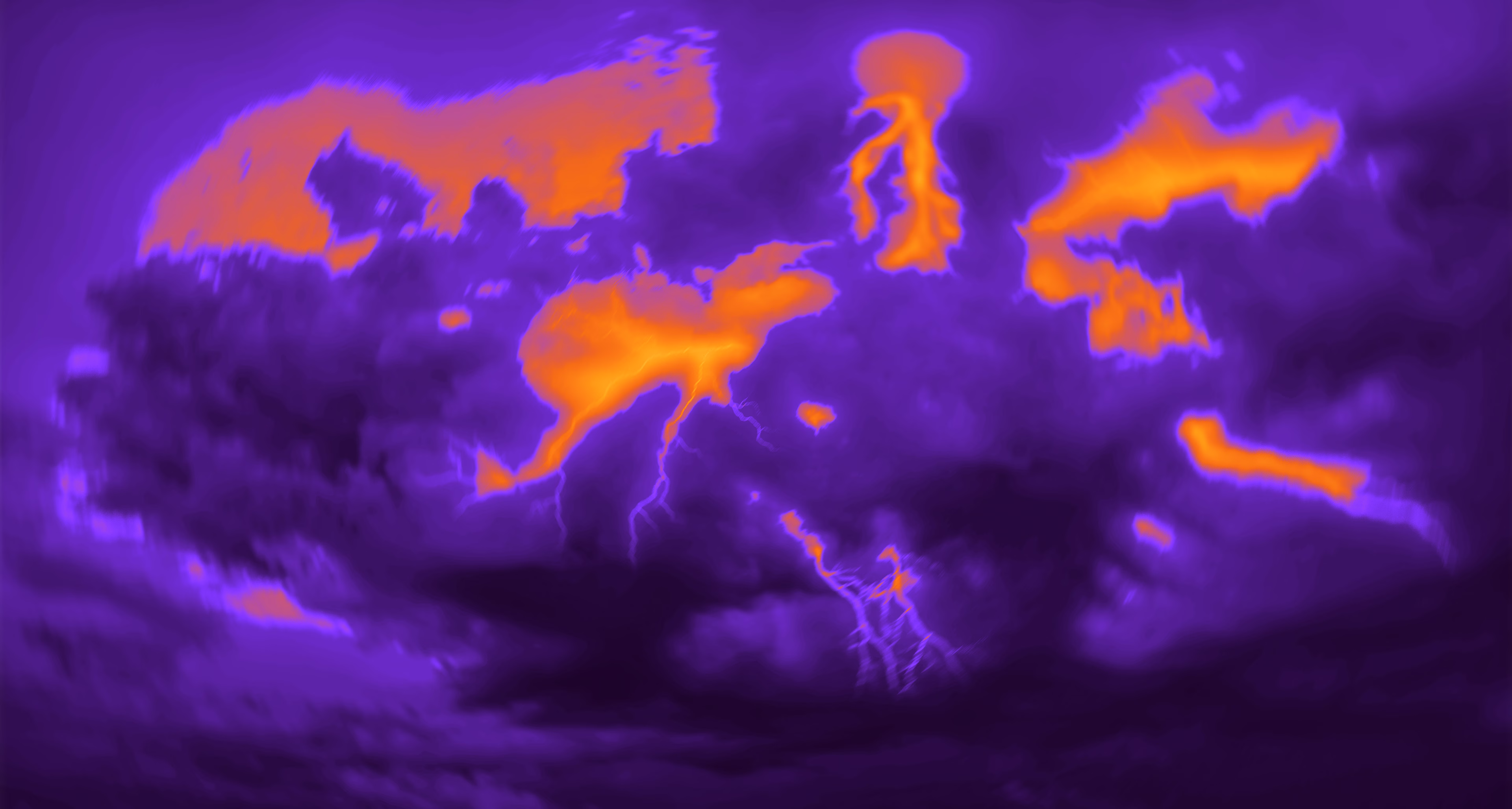 Thermal image of clouds with bright orange hot spots and lightning bolts visible.