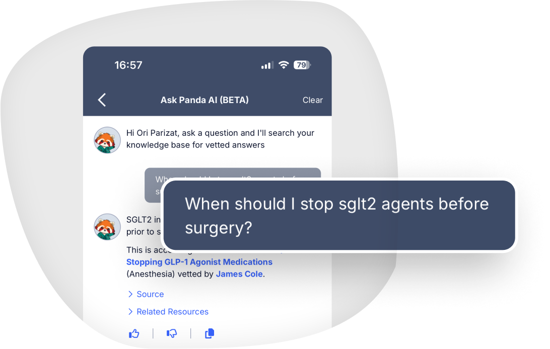 Panda AI answering a question about when to stop SGLT2 agents before surgery