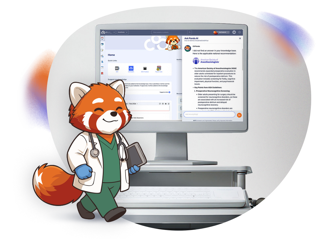 Cartoon red panda doctor with stethoscope walking in front of a computer displaying medical AI software.