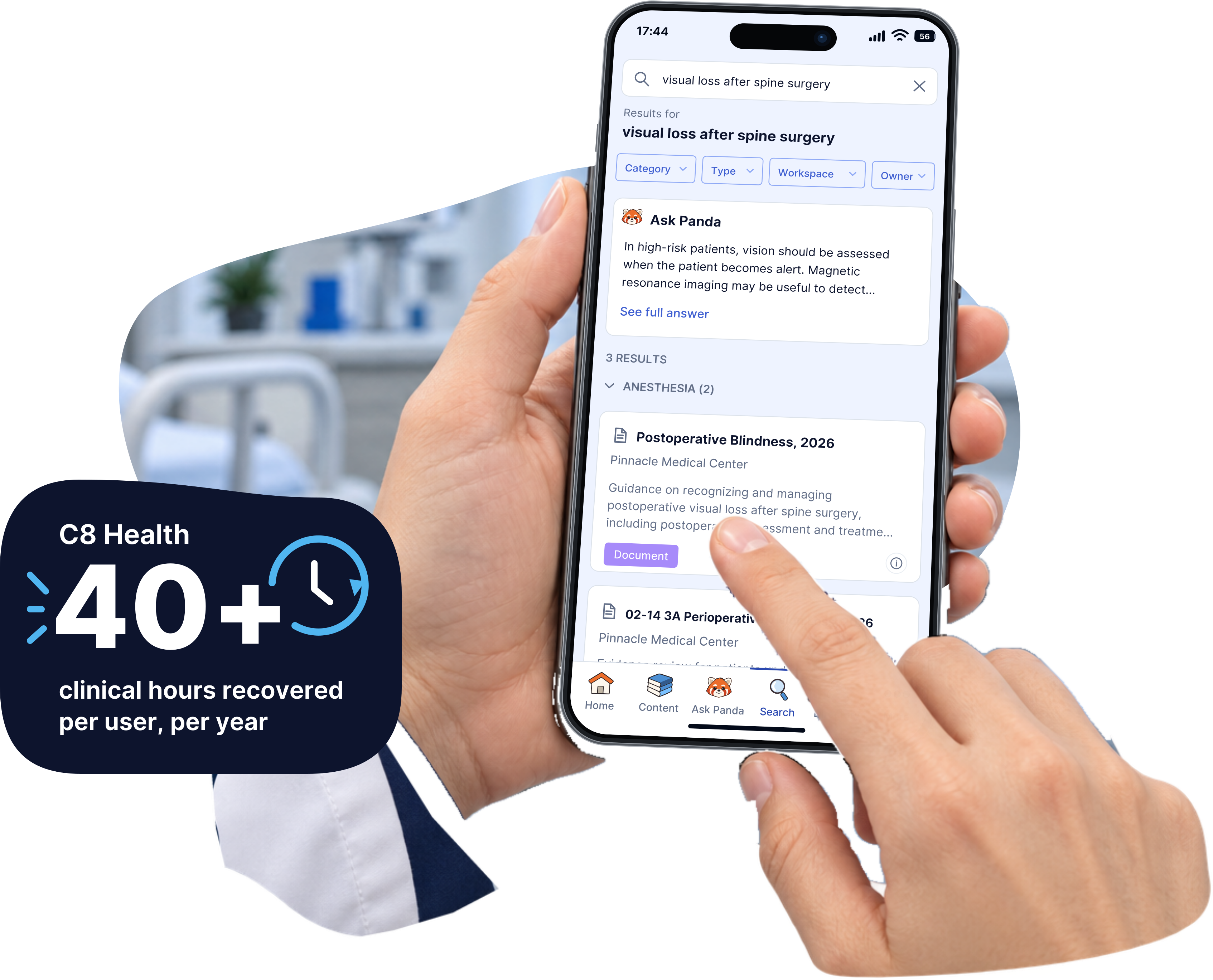 A person in a white cuff and dark sleeve holds a smartphone displaying search results for 'visual loss after spine surgery,' showing medical documents and a section called Ask Panda with advice on vision assessment. A hand is tapping the screen on a document titled 'Postoperative Blindness, 2026.' A graphic beside reads 'C8 Health 40+ clinical hours recovered per user, per year' with a clock icon.