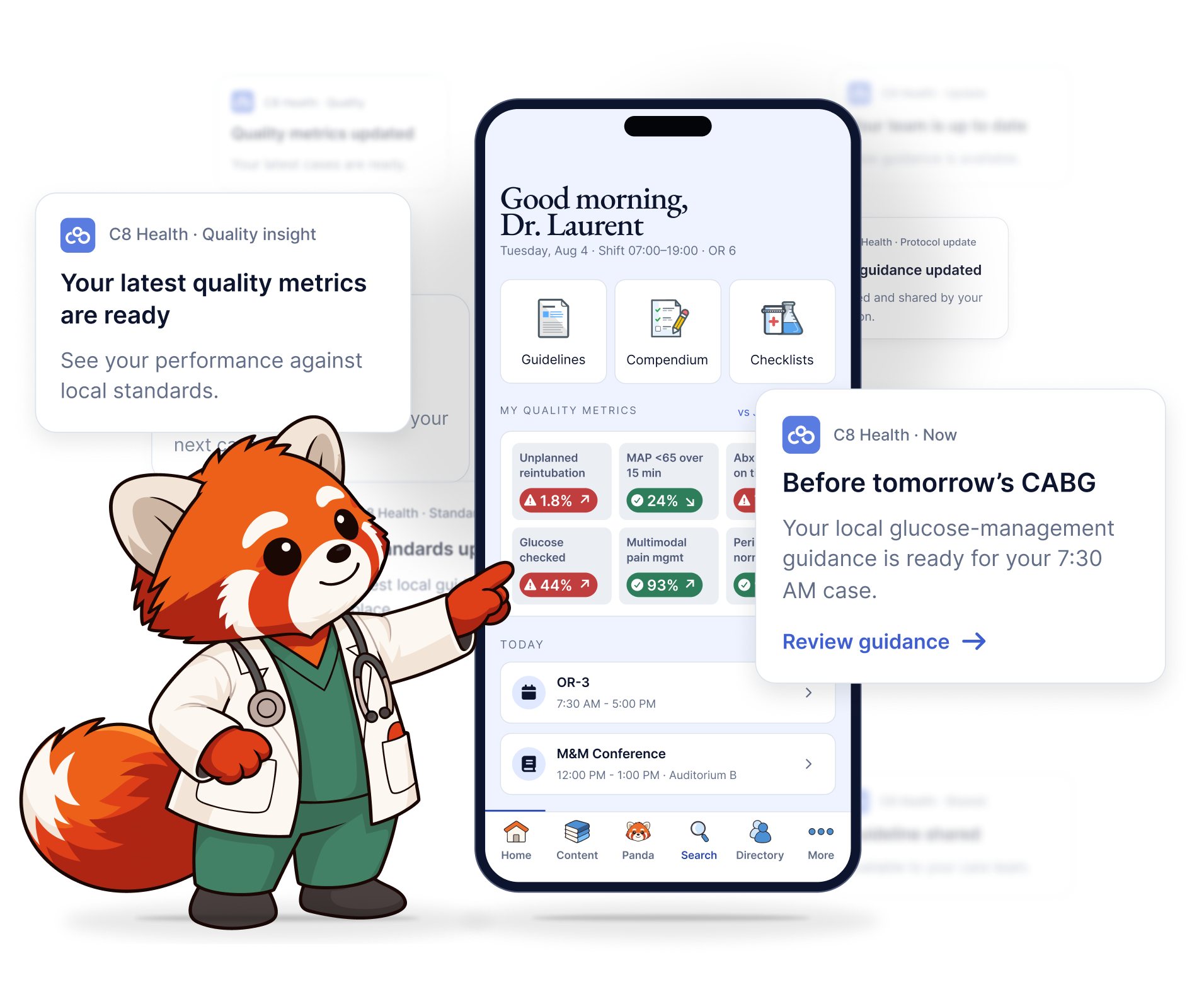 Panda beside the C8 Health mobile app, with clinical performance notifications.