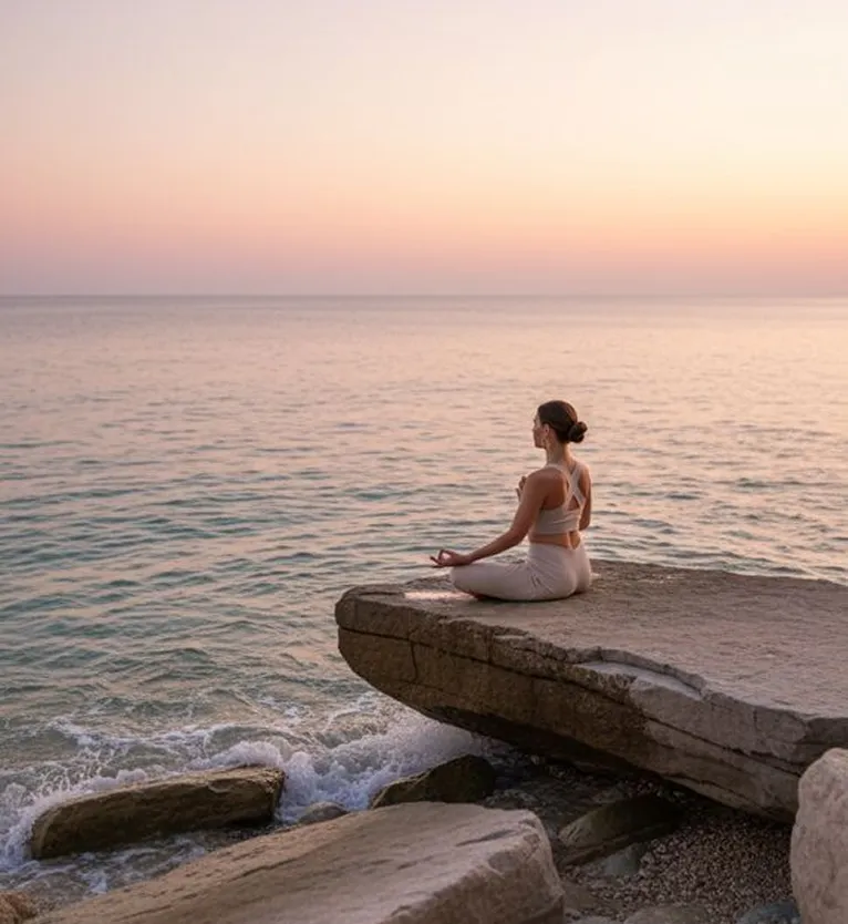 Woman meditating in lotus pose on a rock by the sea during a calm sunset.