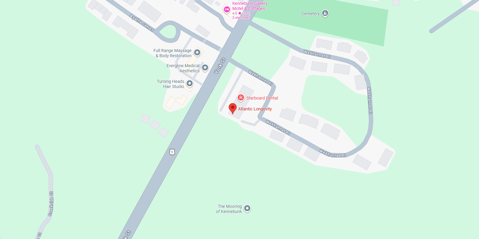 Map showing Atlantic Longevity near Starboard Dental on Webhannet Place by York Street.
