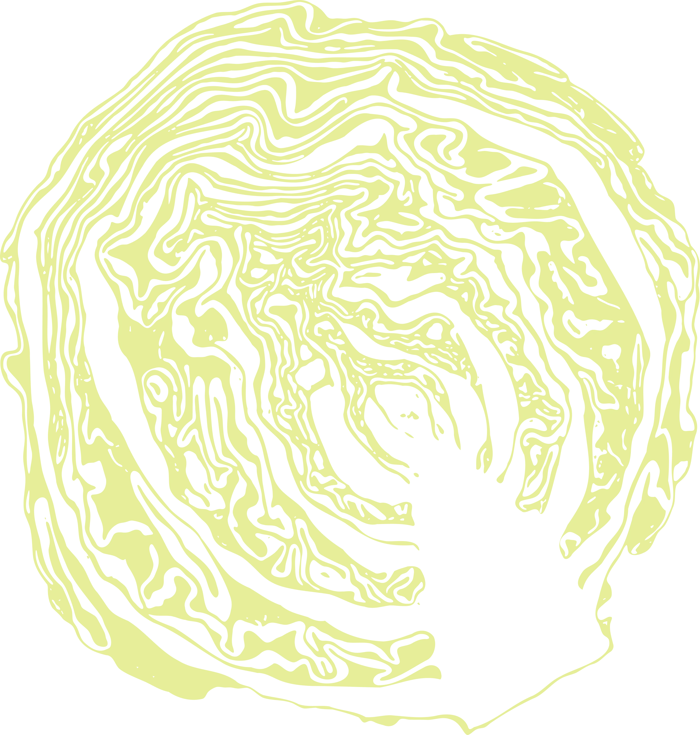 Translucent yellow abstract spiral pattern with irregular wavy lines on a transparent background.