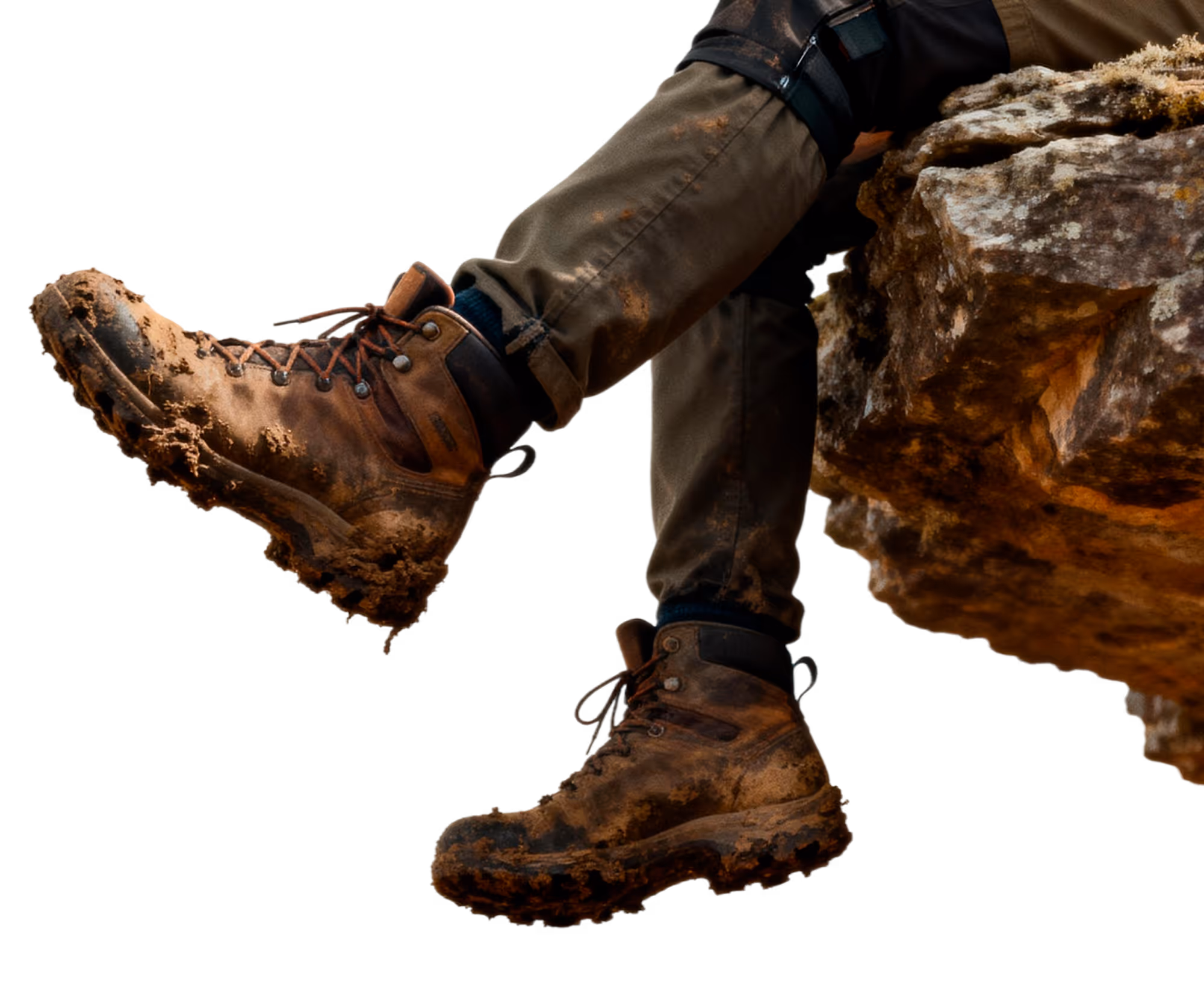 Person wearing muddy brown hiking boots and olive pants sitting on a rock.