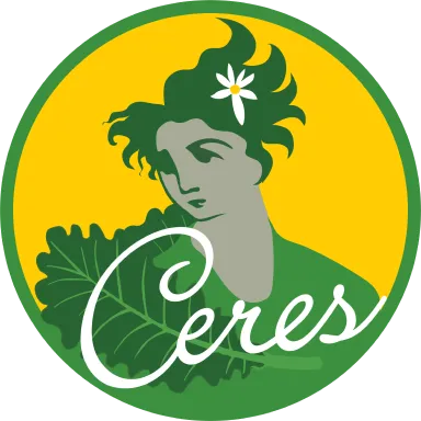 Green and gray woman with a flower in hair holding a leaf, with Ceres text on yellow-green circle.