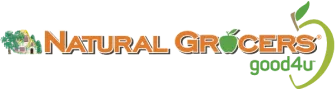 Natural Grocers logo with orange text and a green apple with a leaf in the word Grocers.