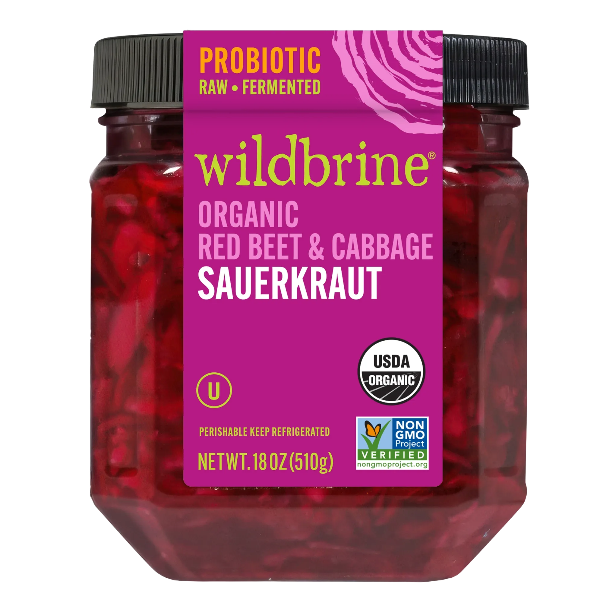 Jar of Wildbrine organic raw fermented red beet and cabbage sauerkraut, USDA organic and Non-GMO verified.