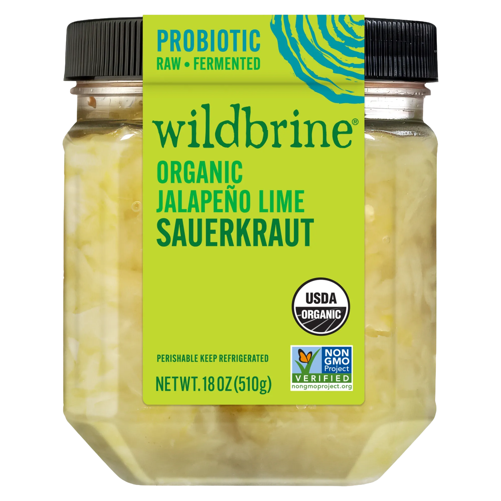 Jar of Wildbrine organic jalapeño lime sauerkraut labeled probiotic, raw, fermented, USDA organic, non-GMO.
