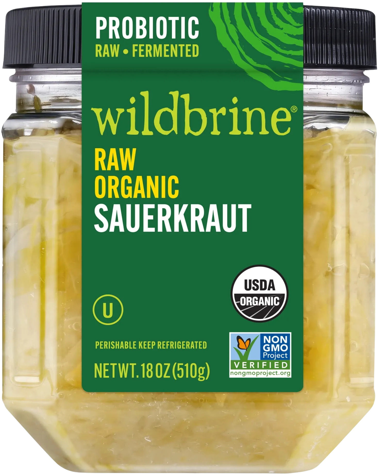 Jar of Wildbrine raw organic sauerkraut with USDA organic and Non-GMO Project verified labels.