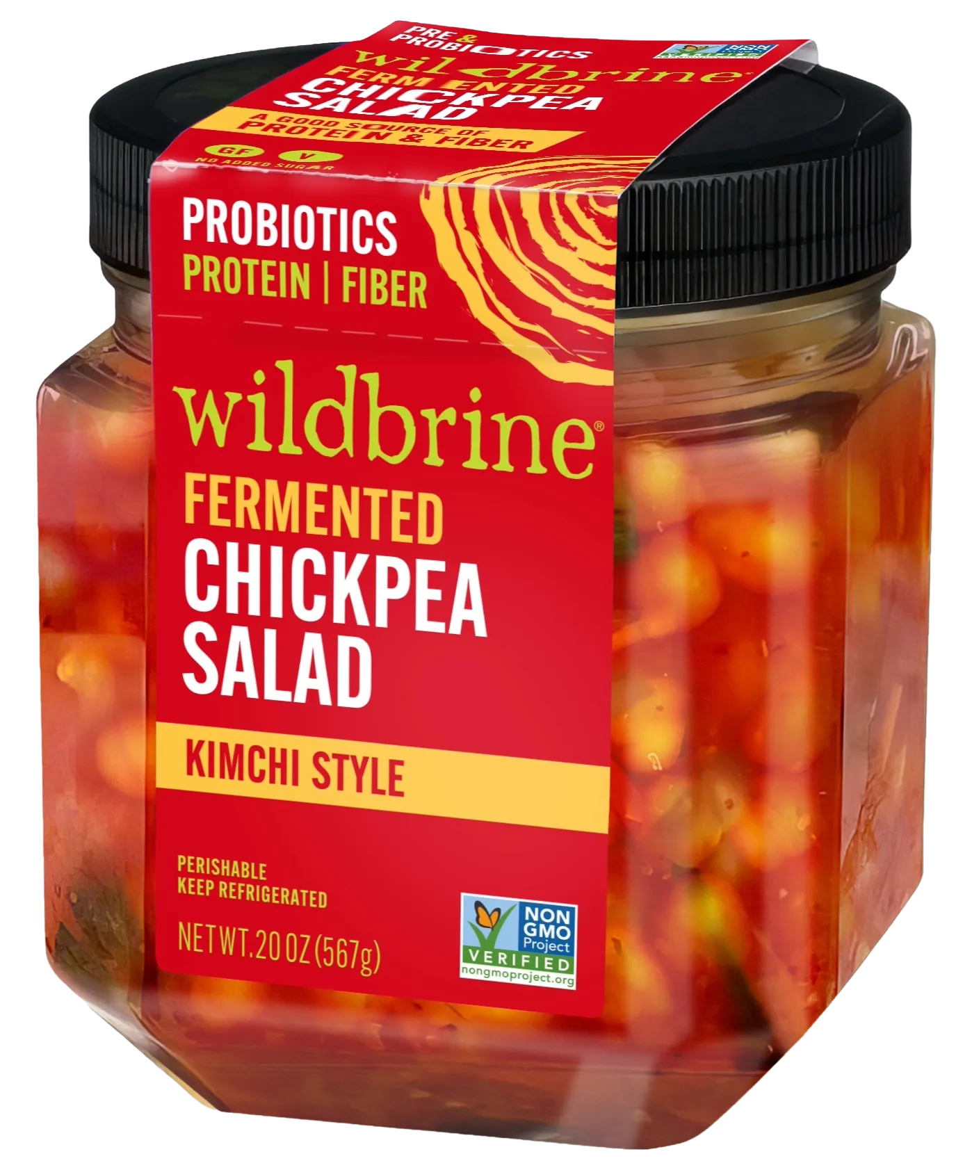 Jar of Wildbrine fermented chickpea salad kimchi style with probiotics, protein, and fiber.