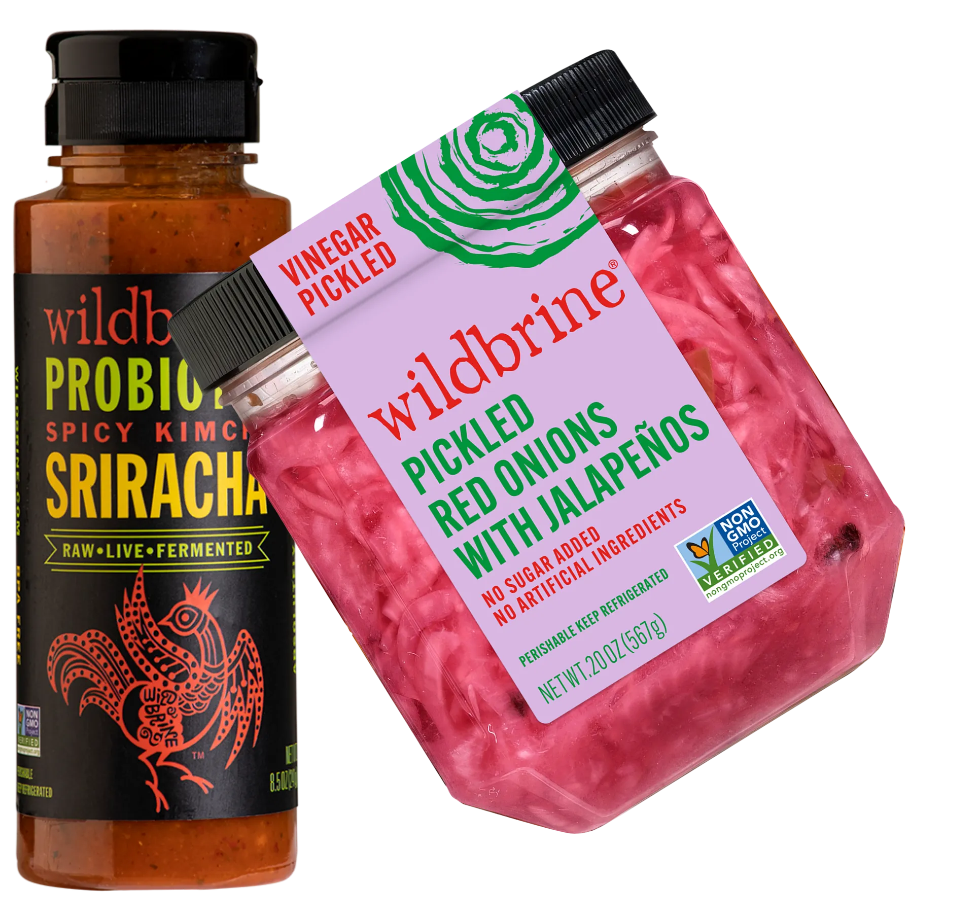 Bottles of Wildbrine probiotic spicy kimchi sriracha and pickled red onions with jalapeños.