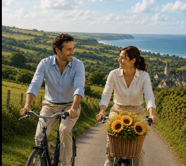 Un couple souriant fait du vélo en campagne avec un panier de tournesols sur le guidon.