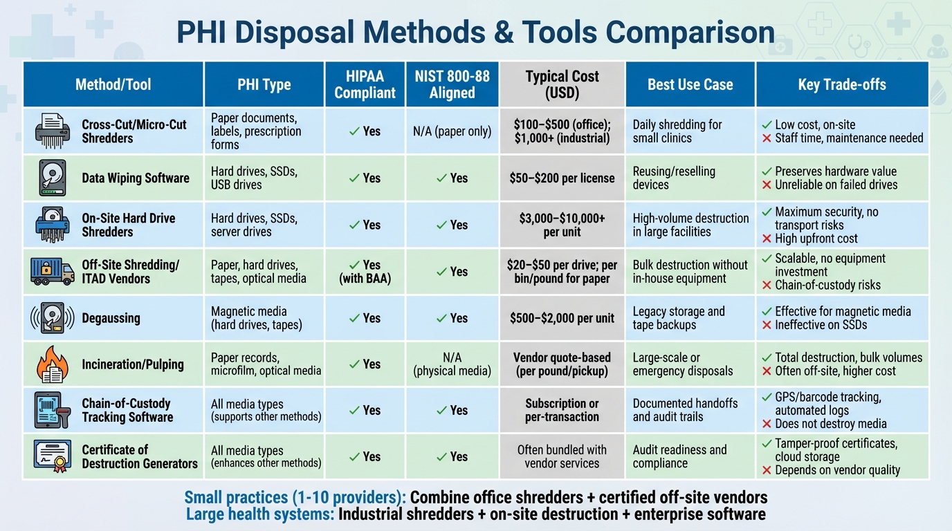 PHI Disposal Methods Comparison: Costs, Compliance, and Use Cases
