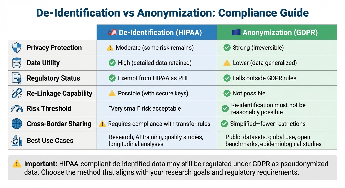 De-Identification vs Anonymization: HIPAA and GDPR Compliance Comparison